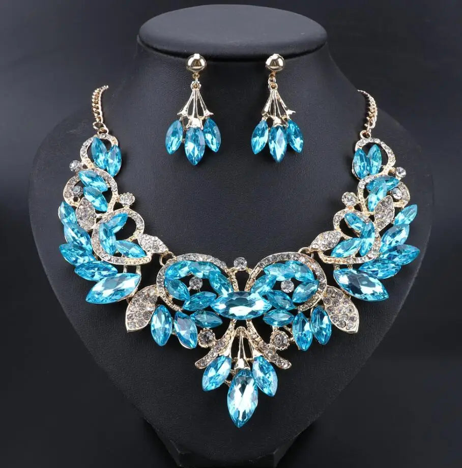 New Luxury Indian Bridal Jewelry Sets Wedding Party Costume Jewellery Womens Fashion Gifts Leaves Crystal Necklace Earrings Sets