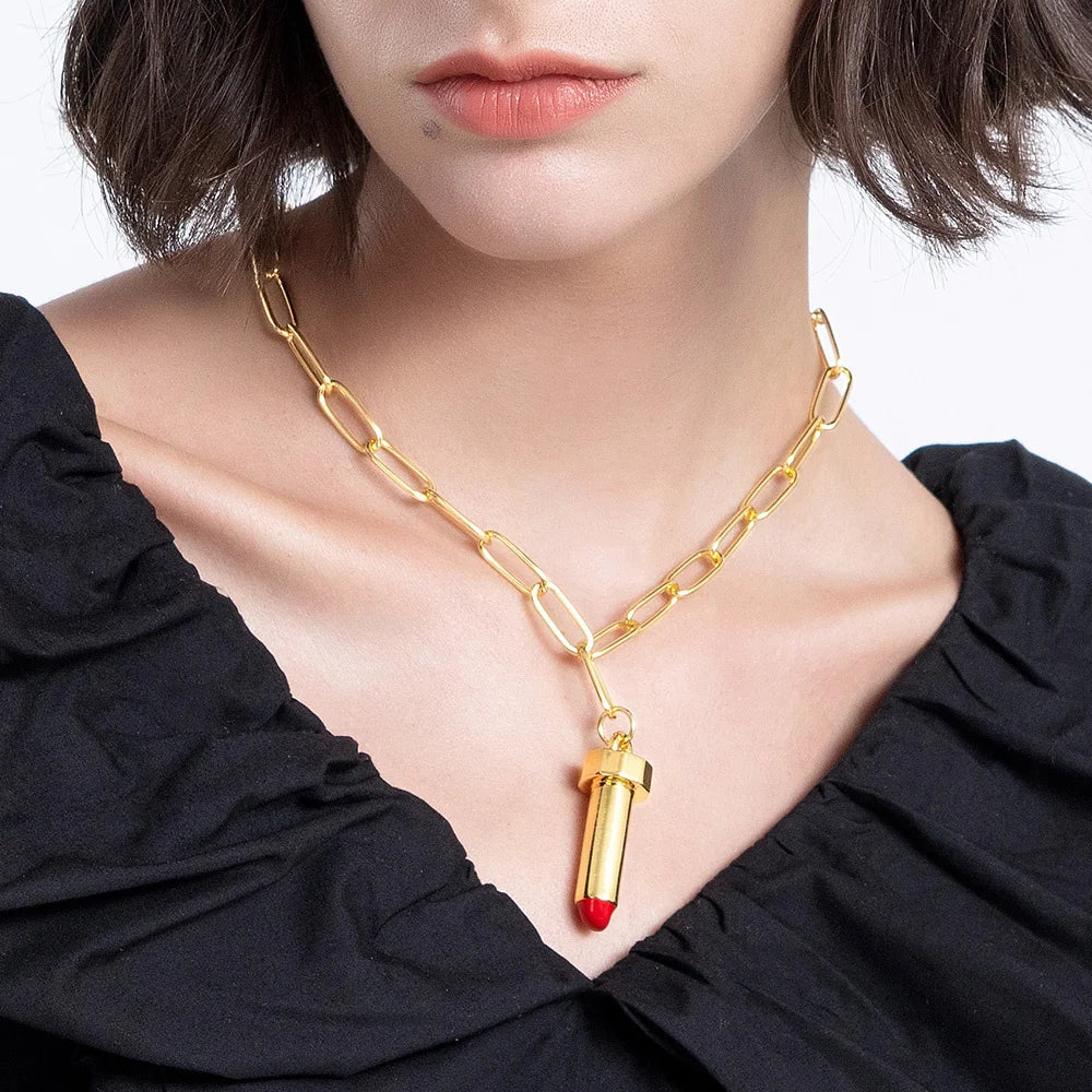 ENFASHION Cute Lipstick Choker Pendant Necklaces For Women Gold Color Necklace 2021 Fashion Jewelry Collar Friends Gift P213199