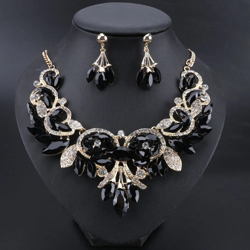 New Luxury Indian Bridal Jewelry Sets Wedding Party Costume Jewellery Womens Fashion Gifts Leaves Crystal Necklace Earrings Sets