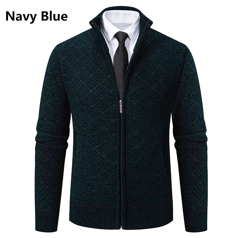 Mens Windproof Jacket Full Zip Fleeced Sweater Cardigan Contrast Stand Collar Sweaters Coat Autumn Winter Velvet Clothes