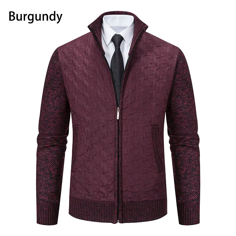 Mens Windproof Jacket Full Zip Fleeced Sweater Cardigan Contrast Stand Collar Sweaters Coat Autumn Winter Velvet Clothes