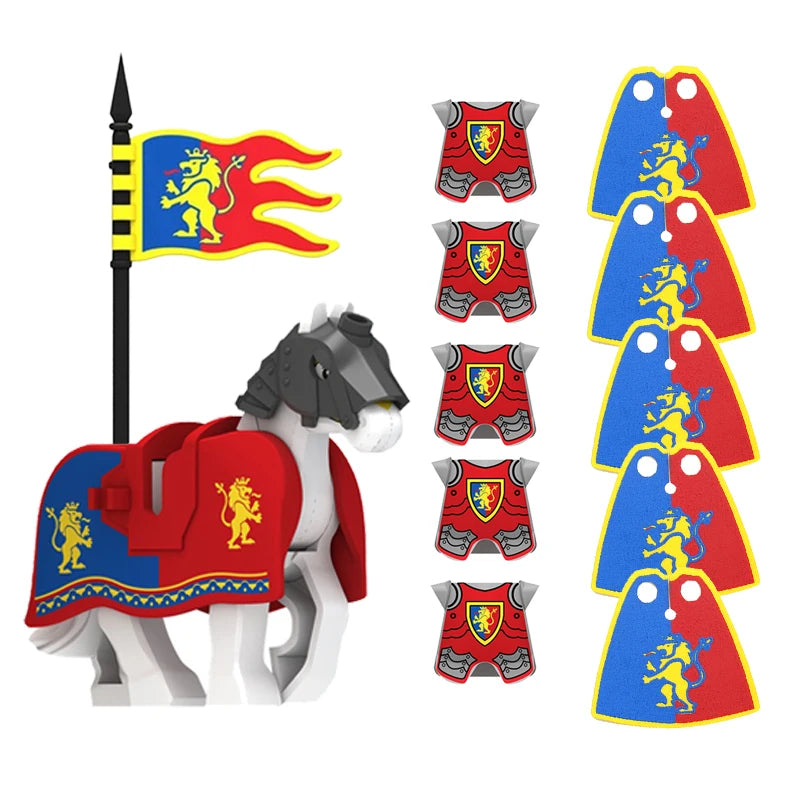 Medieval Military MOC Castle Knight Accessory Building Blocks Warhorse Cape Plush Coat Vest Shield Flag Kit Mini Toy Bricks Gift