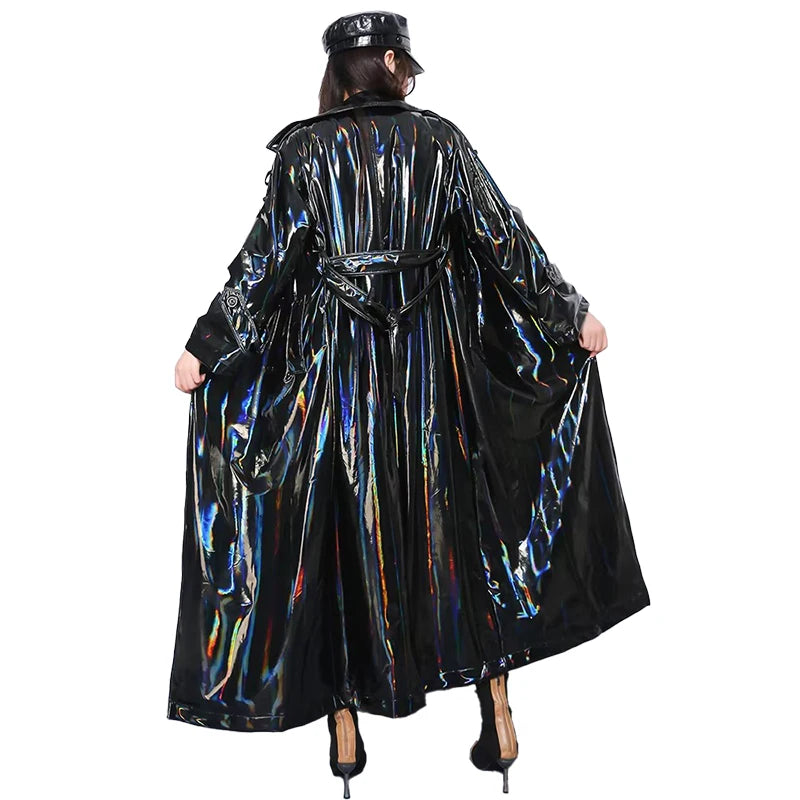 Mauroicardi Spring Soft Thin Flowy Shiny Reflective Holographic Black PVC Faux Leather Trench Coat for Women Maxi Y2K Streetwear