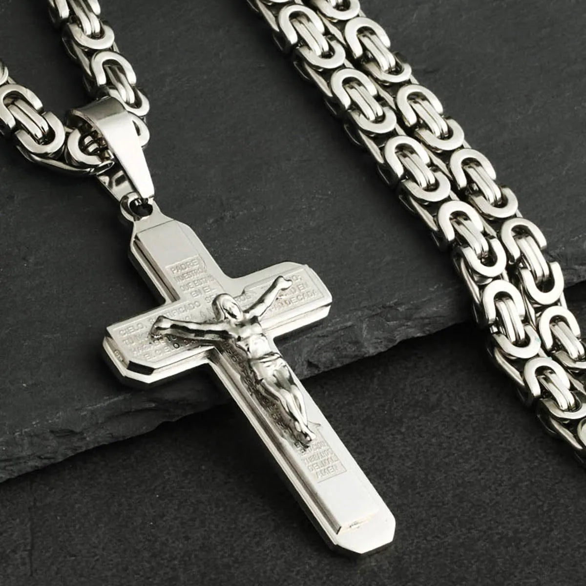 Christian Crucifix Jesus Christ Cross Necklace with Bible Stainless Steel Byzantine Chain Necklace Baptism Prayer Jewelry Men