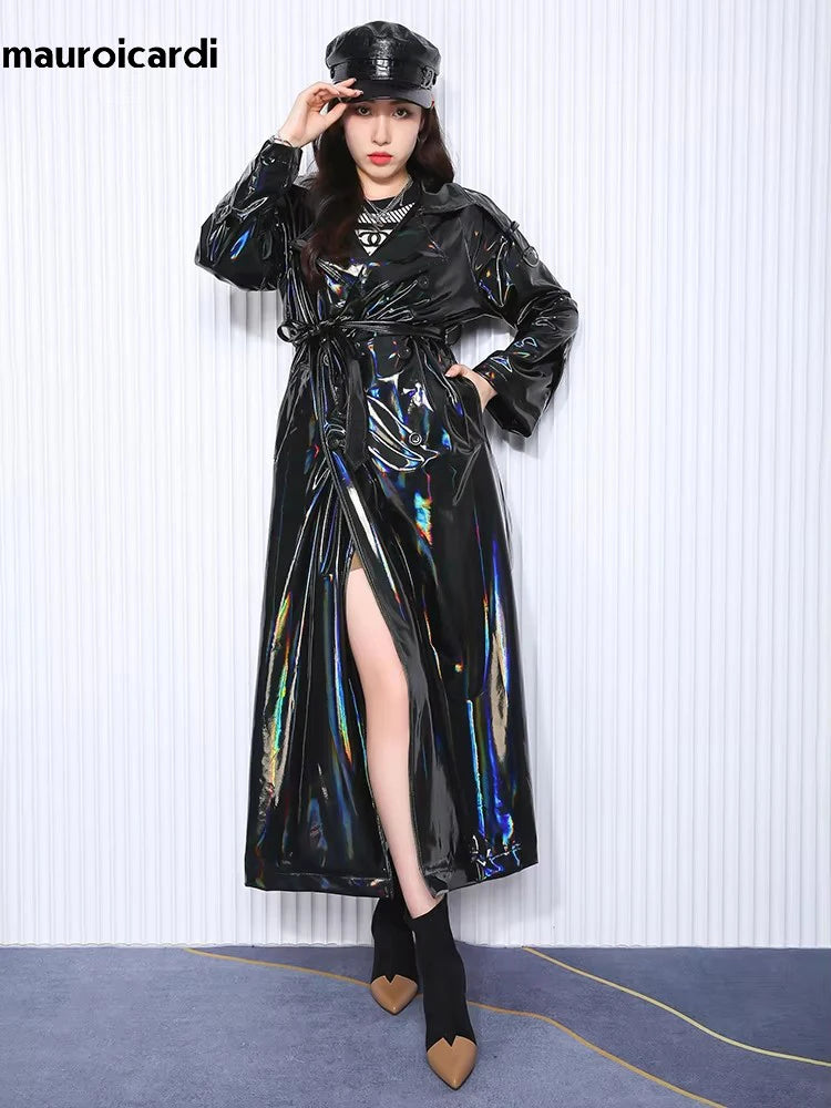 Mauroicardi Spring Soft Thin Flowy Shiny Reflective Holographic Black PVC Faux Leather Trench Coat for Women Maxi Y2K Streetwear