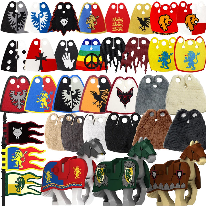 Medieval Military MOC Castle Knight Accessory Building Blocks Warhorse Cape Plush Coat Vest Shield Flag Kit Mini Toy Bricks Gift