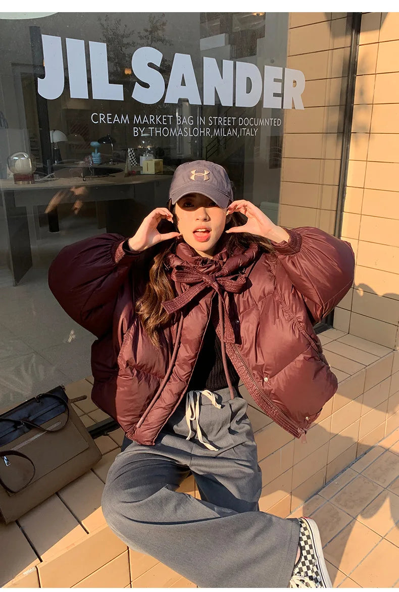 Chic Winter Cotton Coat Cropped Jackets Women Warm Design Parkas Puffer Jacket Bow Tie Streetwear Cold Jacket Winter Clothes