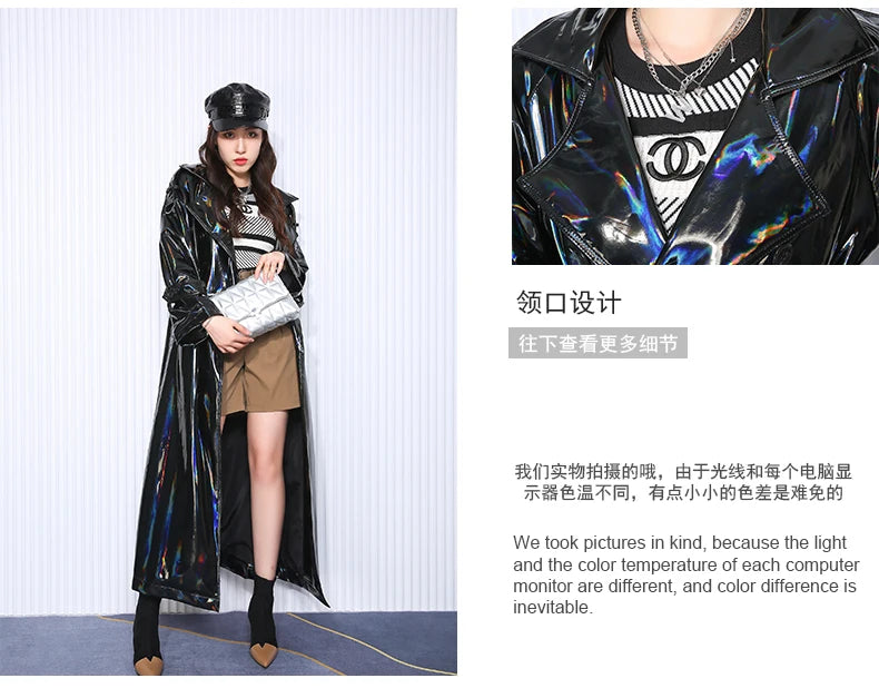Mauroicardi Spring Soft Thin Flowy Shiny Reflective Holographic Black PVC Faux Leather Trench Coat for Women Maxi Y2K Streetwear