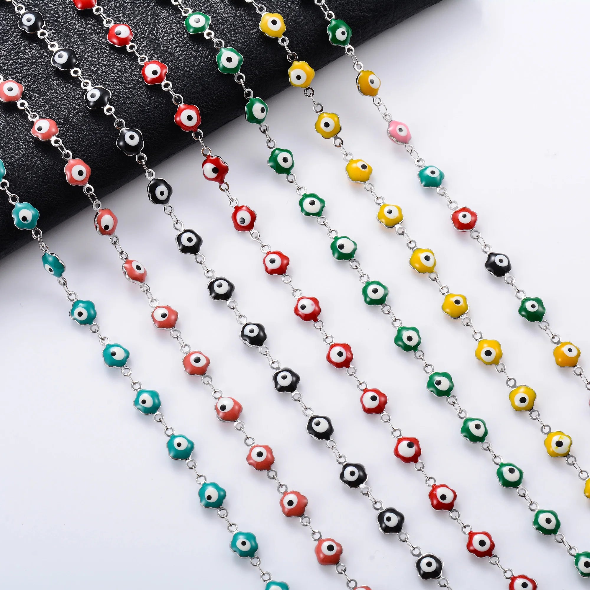 6mm Stainless Steel Turkish Evil Eye Chain Necklace for Women Colorful Beads Flower Shape Charm Choker Bracelets Metal Jewelry