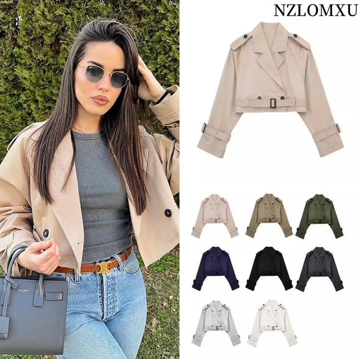 2025 Belt Cropped Trench Spring Jacket Women Vintage Streetwear Double Breasted Long Sleeve Top Female Coat Outfits