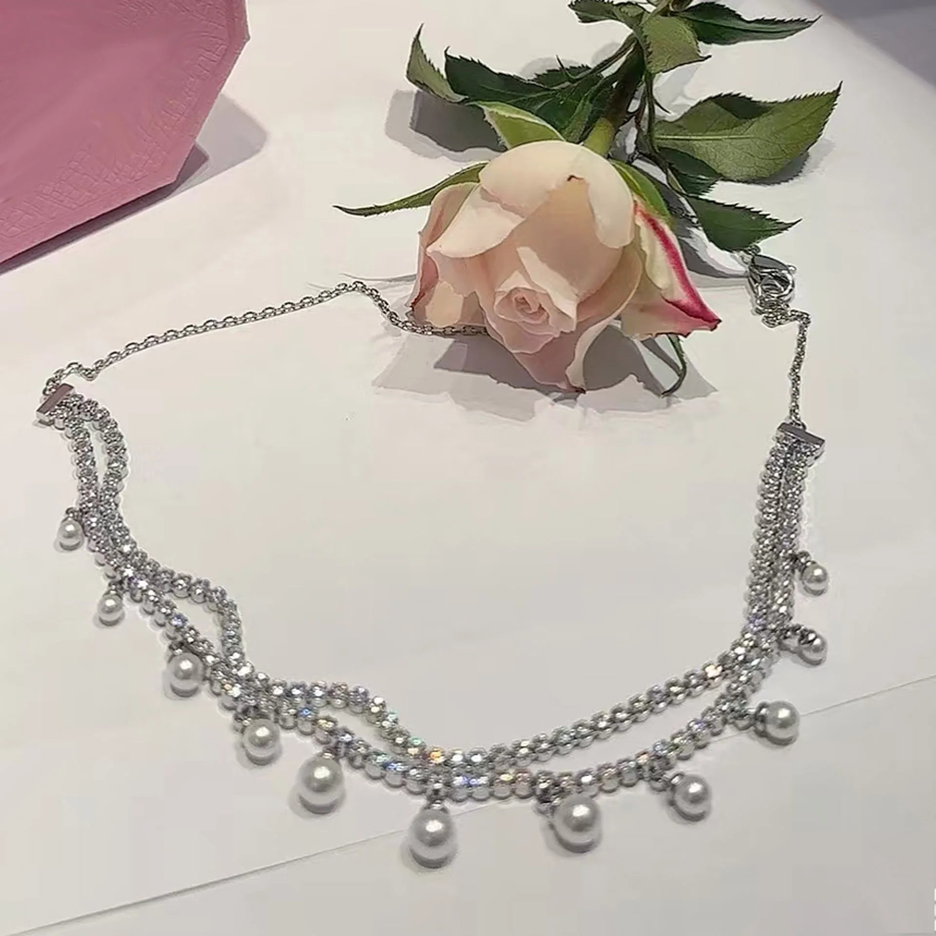 2025 Original Sparkling Crystal with Pearl Fine Jewelry Set Fashion Chain Necklace Earrings Bracelet Ring for Women Wedding Gift