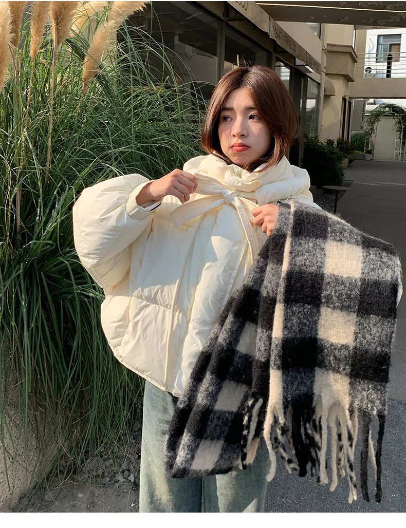 Chic Winter Cotton Coat Cropped Jackets Women Warm Design Parkas Puffer Jacket Bow Tie Streetwear Cold Jacket Winter Clothes