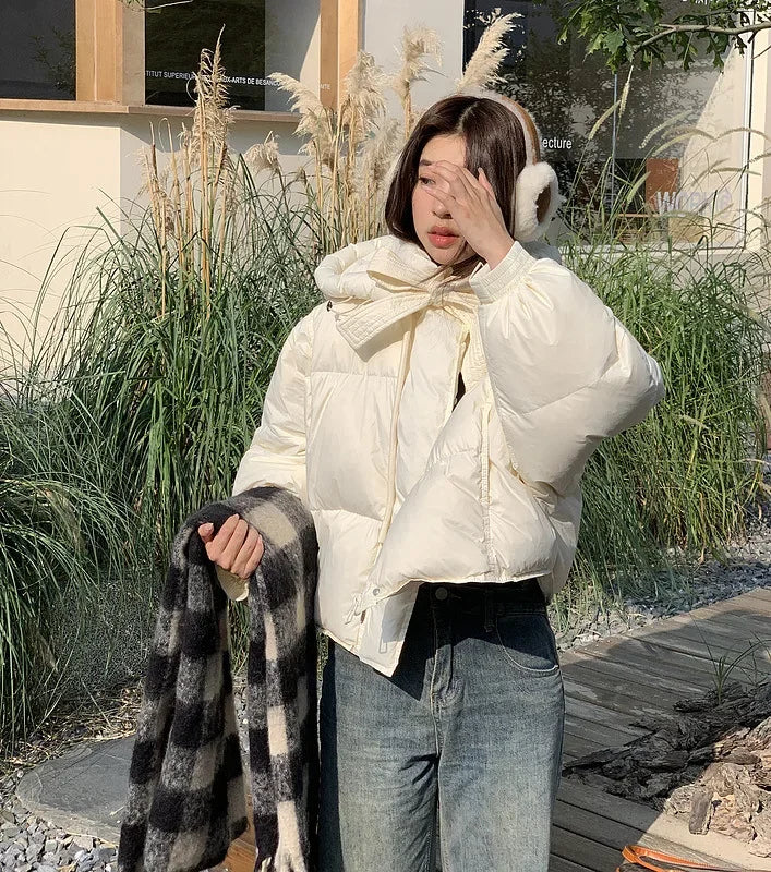 Chic Winter Cotton Coat Cropped Jackets Women Warm Design Parkas Puffer Jacket Bow Tie Streetwear Cold Jacket Winter Clothes