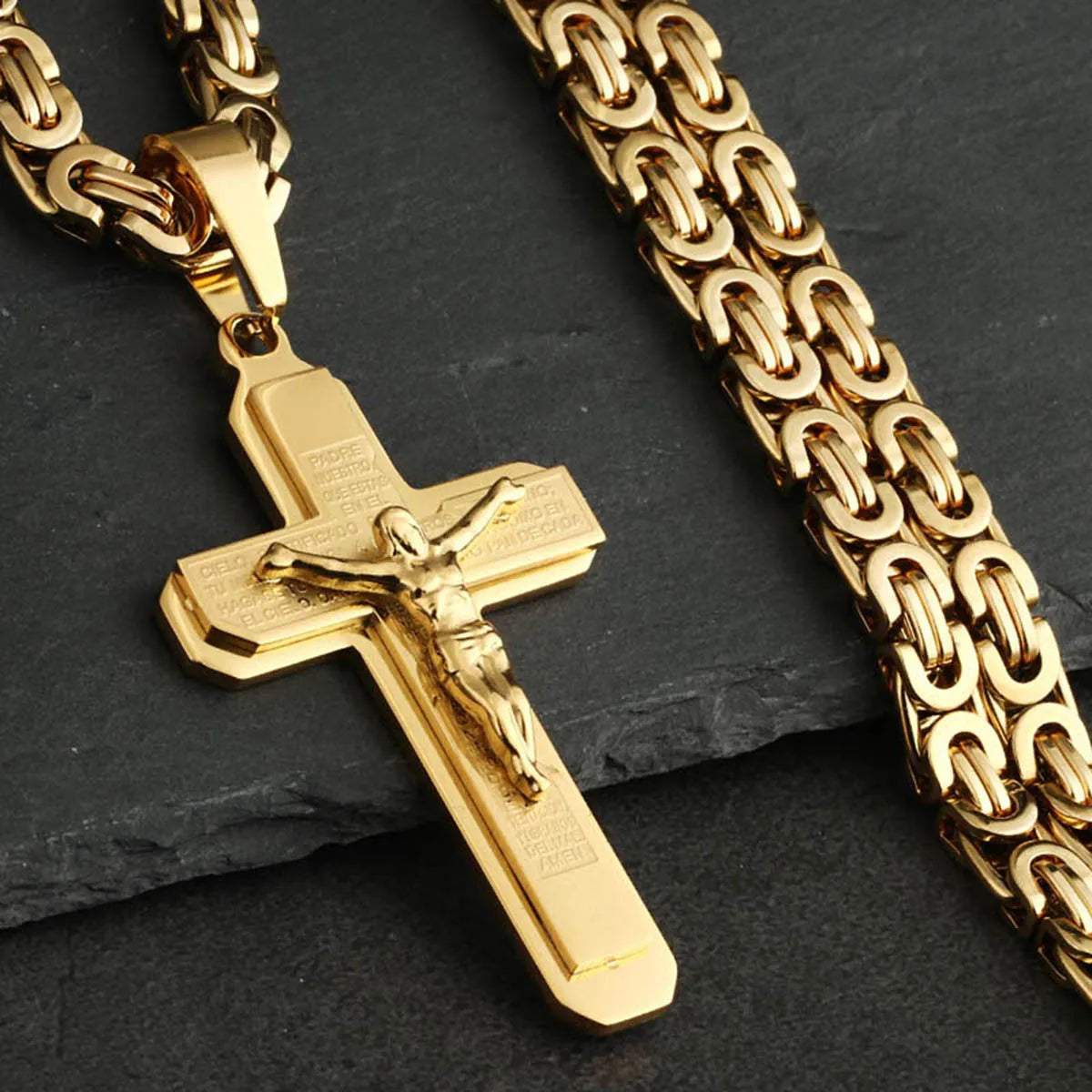 Christian Crucifix Jesus Christ Cross Necklace with Bible Stainless Steel Byzantine Chain Necklace Baptism Prayer Jewelry Men