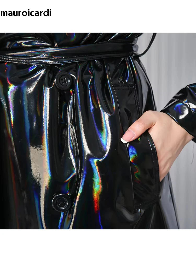 Mauroicardi Spring Soft Thin Flowy Shiny Reflective Holographic Black PVC Faux Leather Trench Coat for Women Maxi Y2K Streetwear