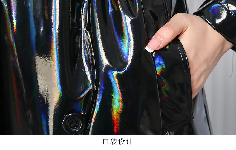 Mauroicardi Spring Soft Thin Flowy Shiny Reflective Holographic Black PVC Faux Leather Trench Coat for Women Maxi Y2K Streetwear