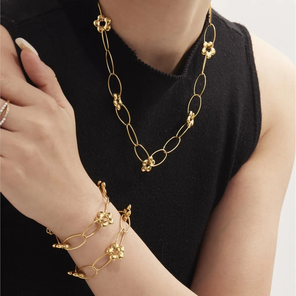 Stainless Steel Chain Necklace Bracelet For Women 18k Gold Plated Waterproof Non Tarnish Women's Bracelets Necklaces Jewelry Set