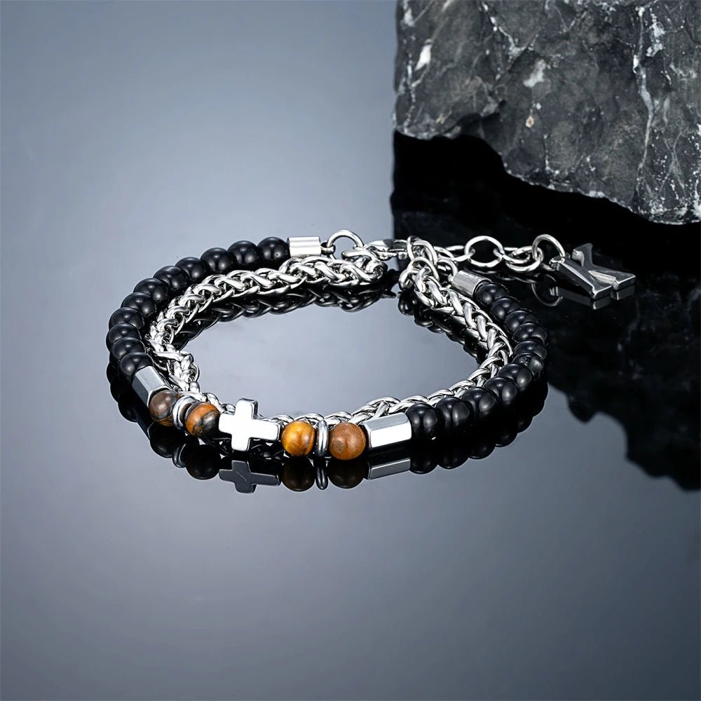 6mmTiger Eye Bead Norse Bear Head Viking Skull Cross Bracelet Men Stainless Steel Eye of Horus/Tree of Life Bangle Charm Jewelry