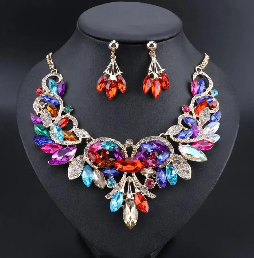 New Luxury Indian Bridal Jewelry Sets Wedding Party Costume Jewellery Womens Fashion Gifts Leaves Crystal Necklace Earrings Sets