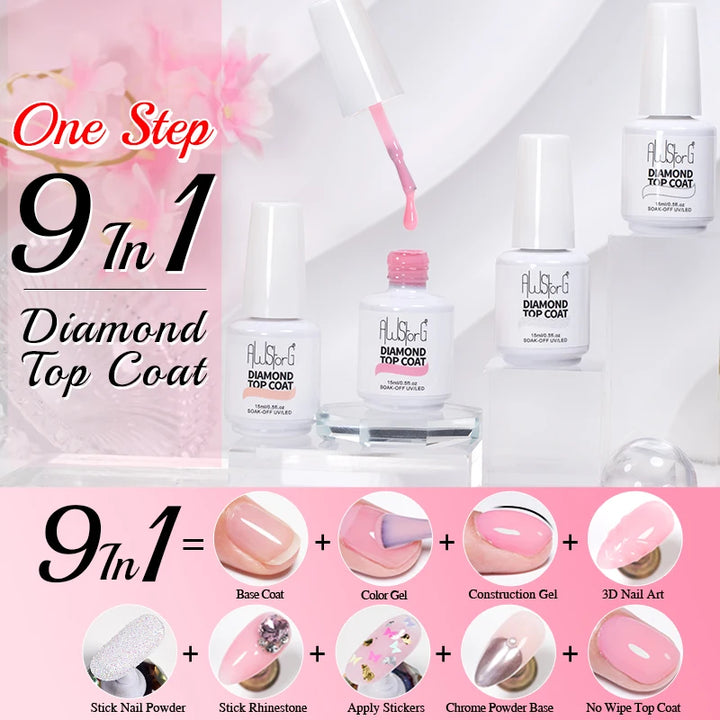 AWStorG 15ml One Step Gel Polish 9 In 1 Diamond Top Coat  Reinforce Long Lasting UV Soak Off Gel Varnish High Light Nail Art