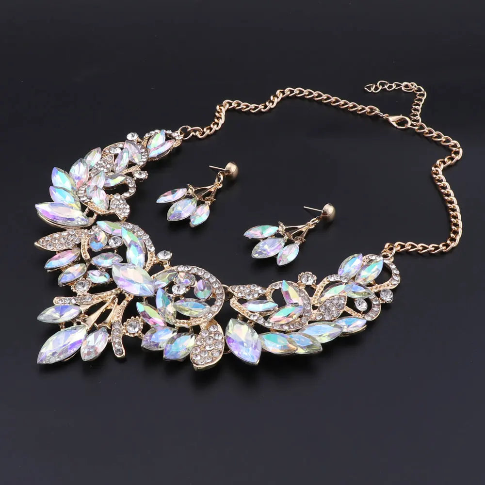 New Luxury Indian Bridal Jewelry Sets Wedding Party Costume Jewellery Womens Fashion Gifts Leaves Crystal Necklace Earrings Sets