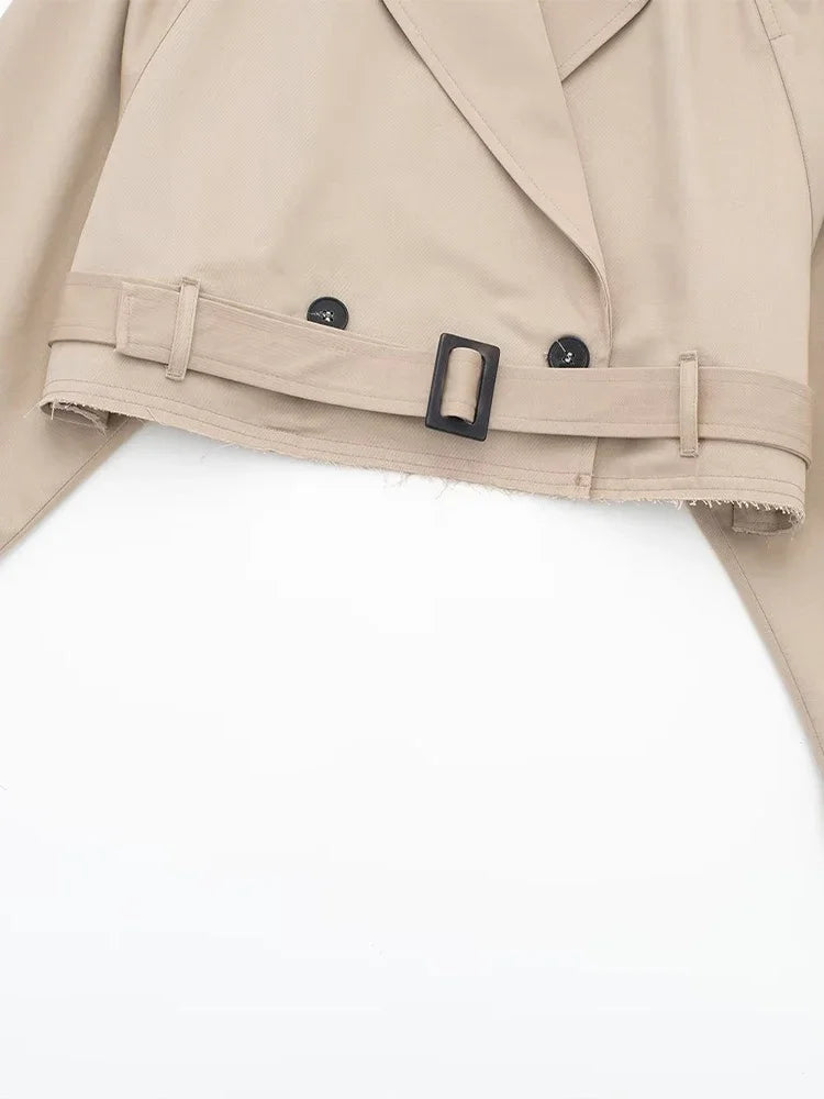 2025 Belt Cropped Trench Spring Jacket Women Vintage Streetwear Double Breasted Long Sleeve Top Female Coat Outfits