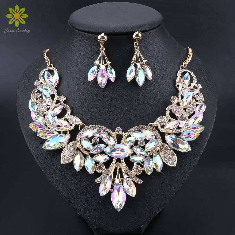 New Luxury Indian Bridal Jewelry Sets Wedding Party Costume Jewellery Womens Fashion Gifts Leaves Crystal Necklace Earrings Sets