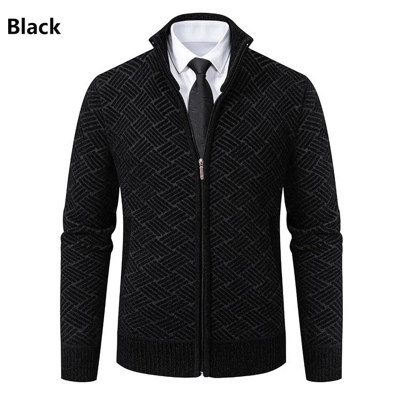 Mens Windproof Jacket Full Zip Fleeced Sweater Cardigan Contrast Stand Collar Sweaters Coat Autumn Winter Velvet Clothes