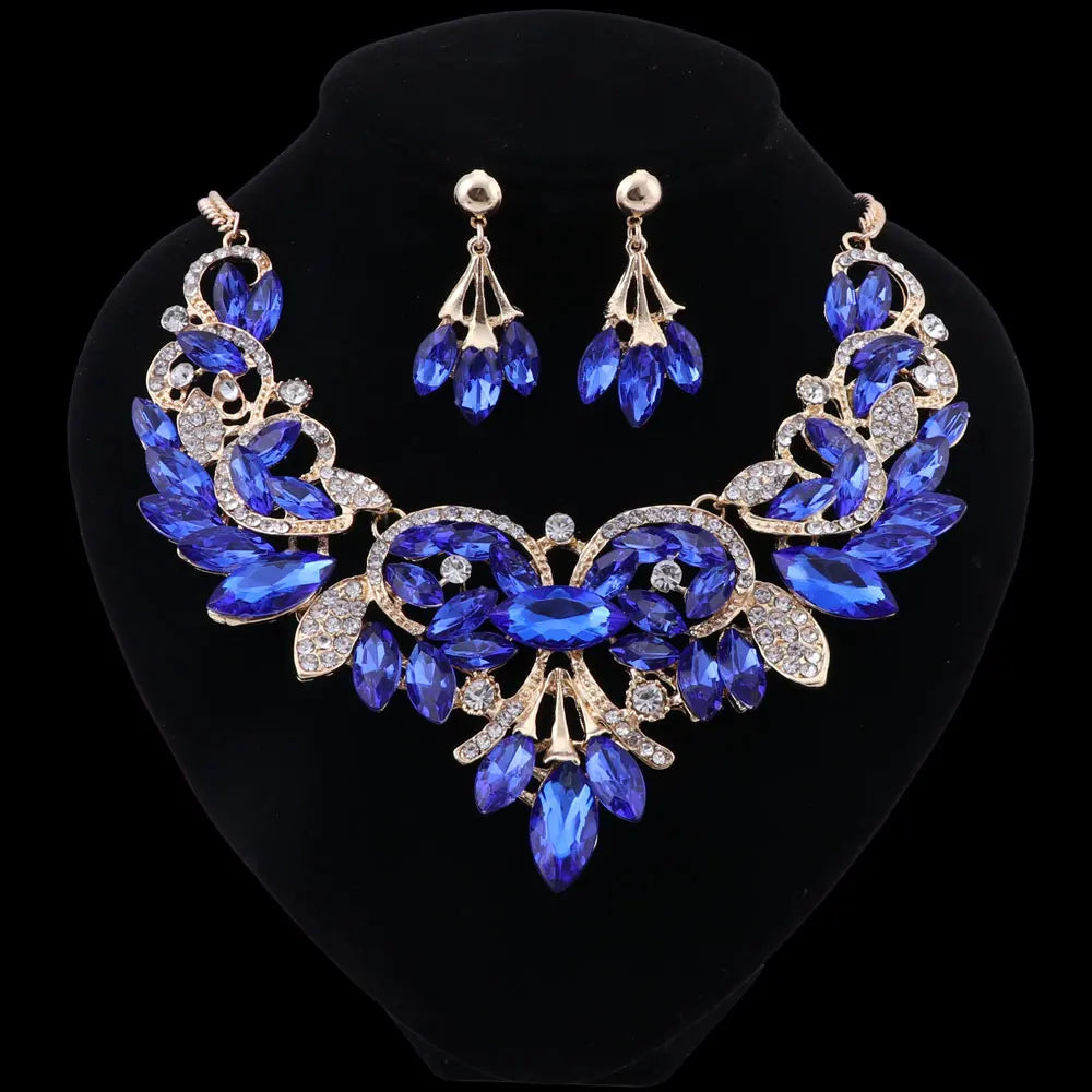 New Luxury Indian Bridal Jewelry Sets Wedding Party Costume Jewellery Womens Fashion Gifts Leaves Crystal Necklace Earrings Sets