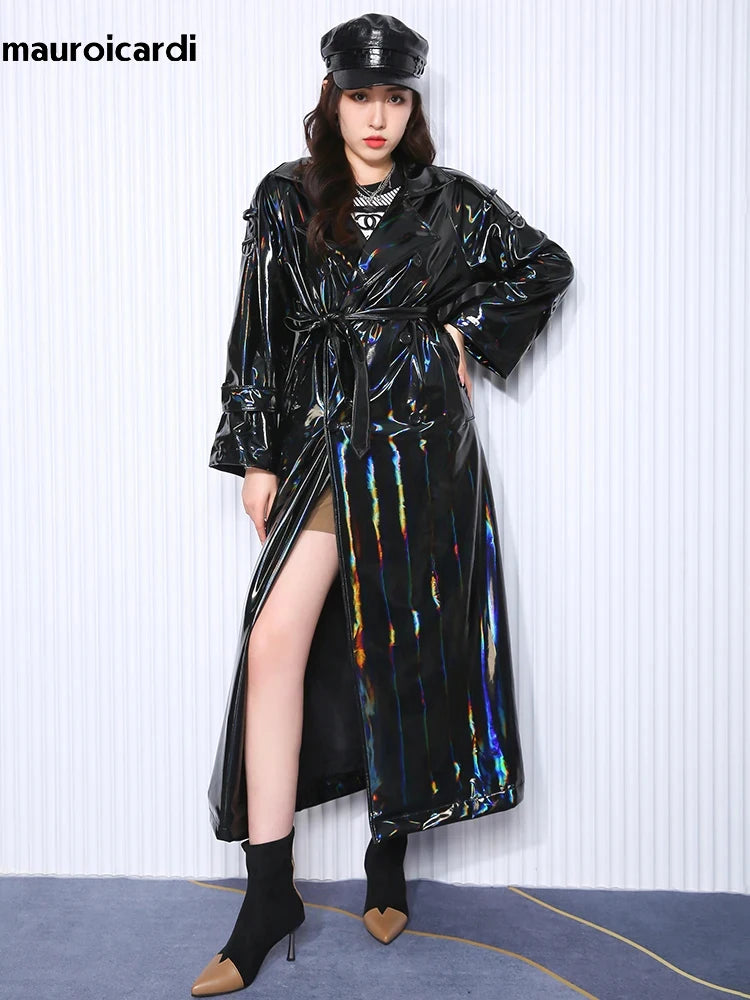 Mauroicardi Spring Soft Thin Flowy Shiny Reflective Holographic Black PVC Faux Leather Trench Coat for Women Maxi Y2K Streetwear
