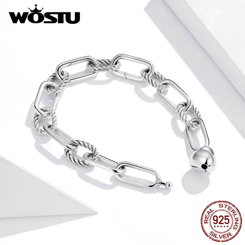 WOSTU Silver Paper Clip Bracelet 925 Sterling Silver Heart Love Chain Bracelets for Women Engagement Jewelry Gift CQB202