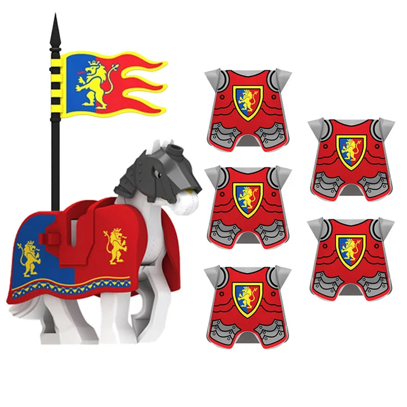 Medieval Military MOC Castle Knight Accessory Building Blocks Warhorse Cape Plush Coat Vest Shield Flag Kit Mini Toy Bricks Gift