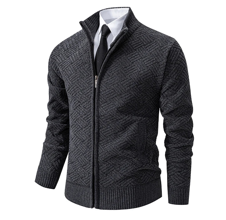 Mens Windproof Jacket Full Zip Fleeced Sweater Cardigan Contrast Stand Collar Sweaters Coat Autumn Winter Velvet Clothes