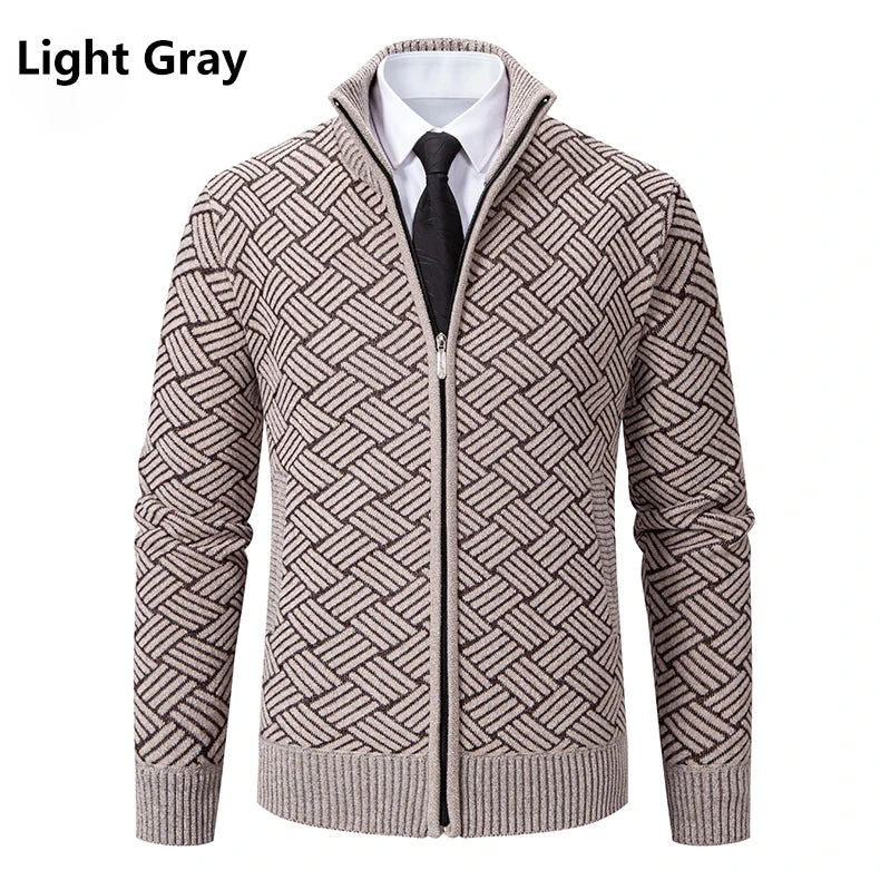 Mens Windproof Jacket Full Zip Fleeced Sweater Cardigan Contrast Stand Collar Sweaters Coat Autumn Winter Velvet Clothes