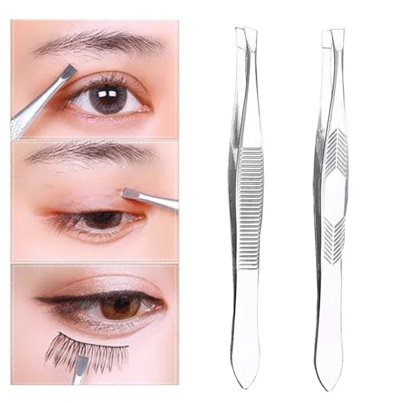 2Pcs/Set Eyebrow Tweezers Face Hair Removal Slanted Flat Tips Stainless Steel Eyelash Clip Brow Trimming Tweezer Makeup Tools