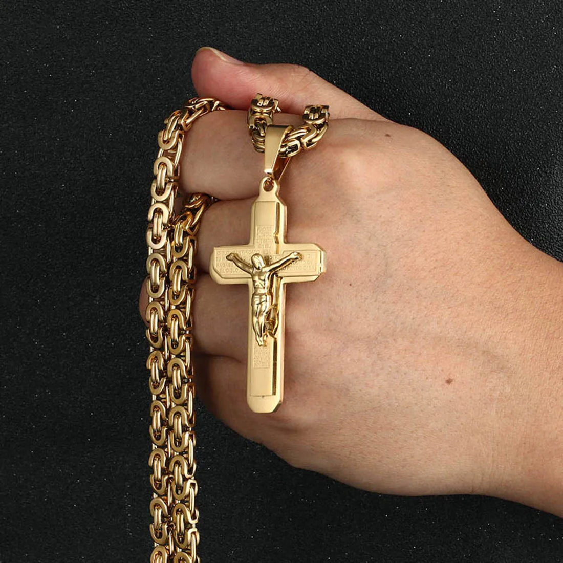 Christian Crucifix Jesus Christ Cross Necklace with Bible Stainless Steel Byzantine Chain Necklace Baptism Prayer Jewelry Men