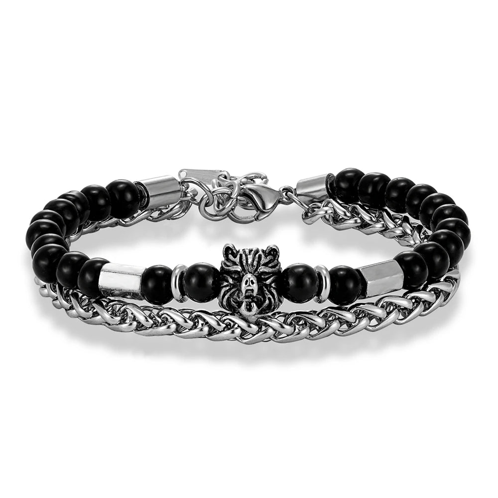 6mmTiger Eye Bead Norse Bear Head Viking Skull Cross Bracelet Men Stainless Steel Eye of Horus/Tree of Life Bangle Charm Jewelry