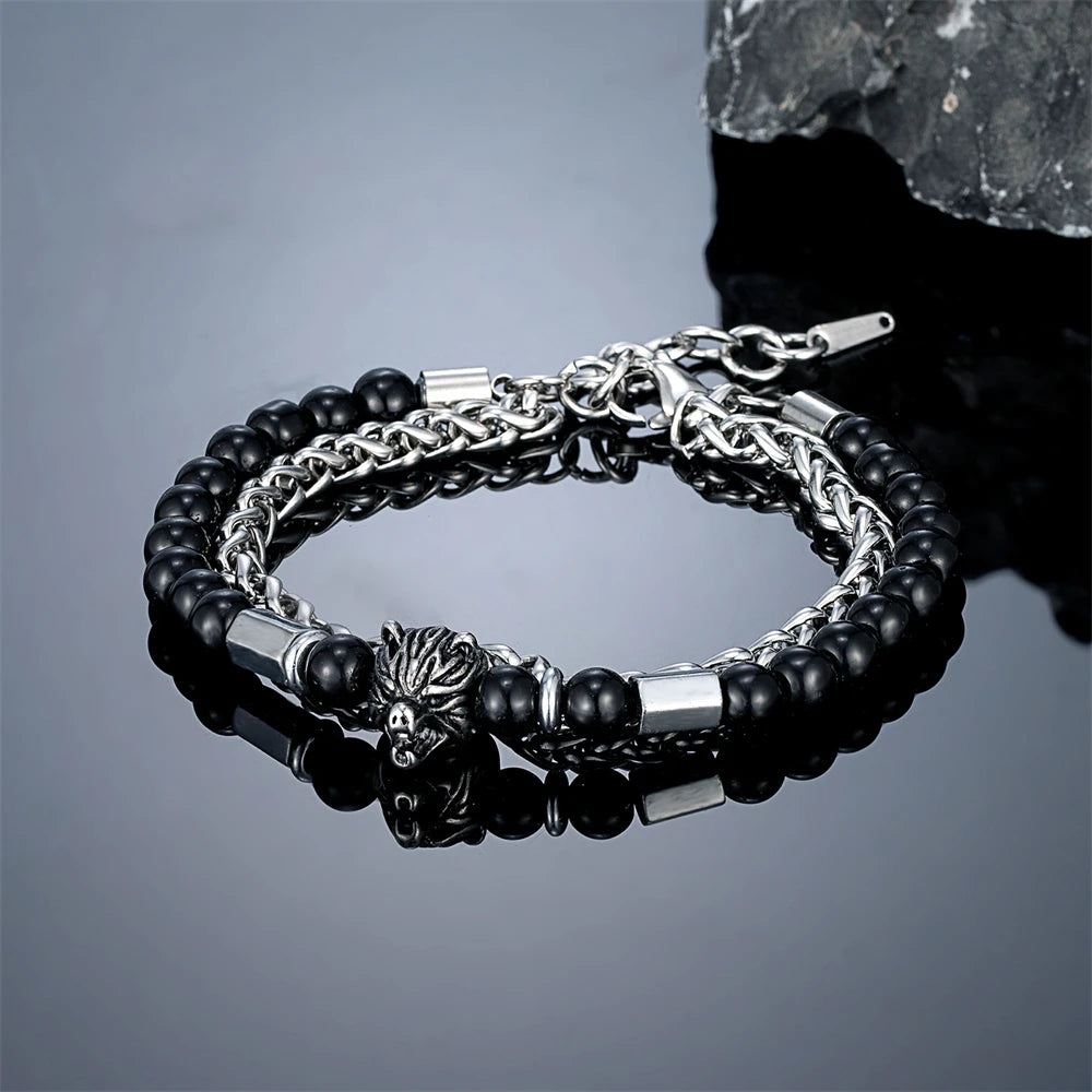 6mmTiger Eye Bead Norse Bear Head Viking Skull Cross Bracelet Men Stainless Steel Eye of Horus/Tree of Life Bangle Charm Jewelry