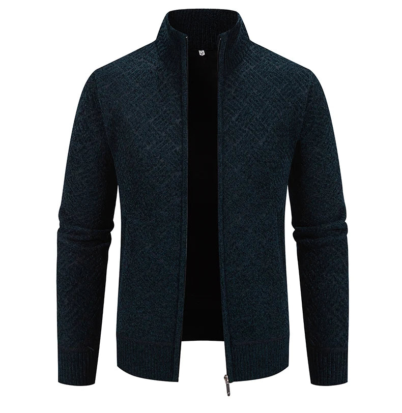 Mens Windproof Jacket Full Zip Fleeced Sweater Cardigan Contrast Stand Collar Sweaters Coat Autumn Winter Velvet Clothes