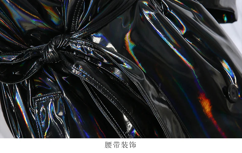 Mauroicardi Spring Soft Thin Flowy Shiny Reflective Holographic Black PVC Faux Leather Trench Coat for Women Maxi Y2K Streetwear