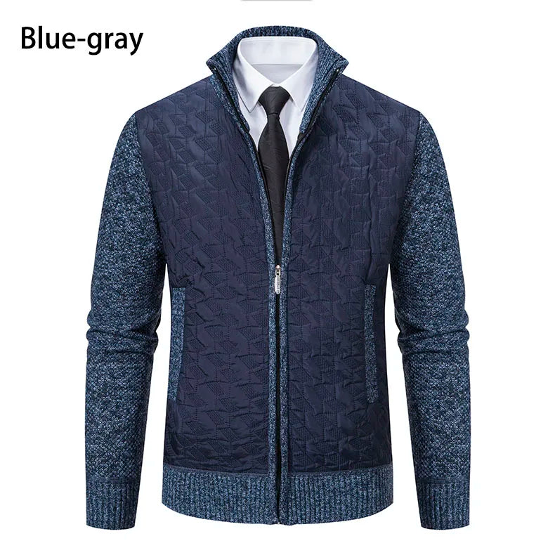 Mens Windproof Jacket Full Zip Fleeced Sweater Cardigan Contrast Stand Collar Sweaters Coat Autumn Winter Velvet Clothes