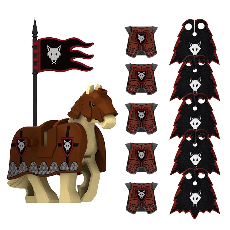 Medieval Military MOC Castle Knight Accessory Building Blocks Warhorse Cape Plush Coat Vest Shield Flag Kit Mini Toy Bricks Gift