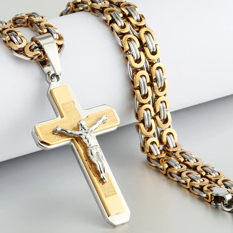 Christian Crucifix Jesus Christ Cross Necklace with Bible Stainless Steel Byzantine Chain Necklace Baptism Prayer Jewelry Men