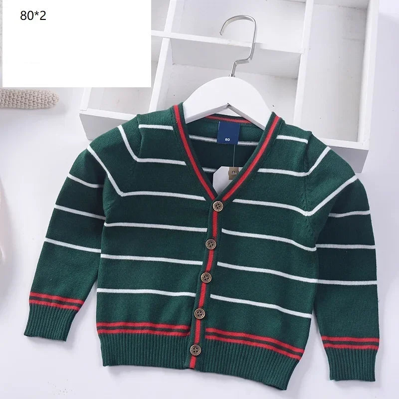 New Boys Cardigan Sweater Autumn Baby Knit Children Coat Kids Cartoon Sweater Clothes V-Neck Stripe Toddler Jacket 0-5y