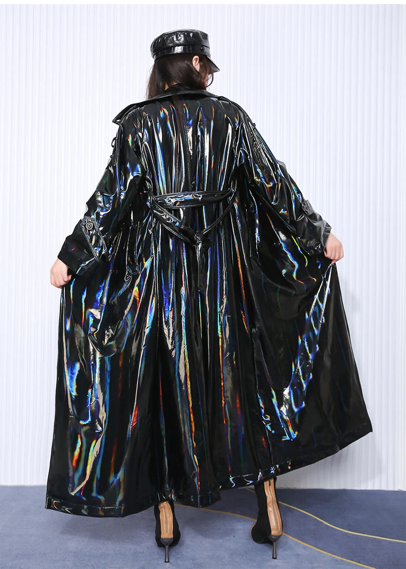 Mauroicardi Spring Soft Thin Flowy Shiny Reflective Holographic Black PVC Faux Leather Trench Coat for Women Maxi Y2K Streetwear