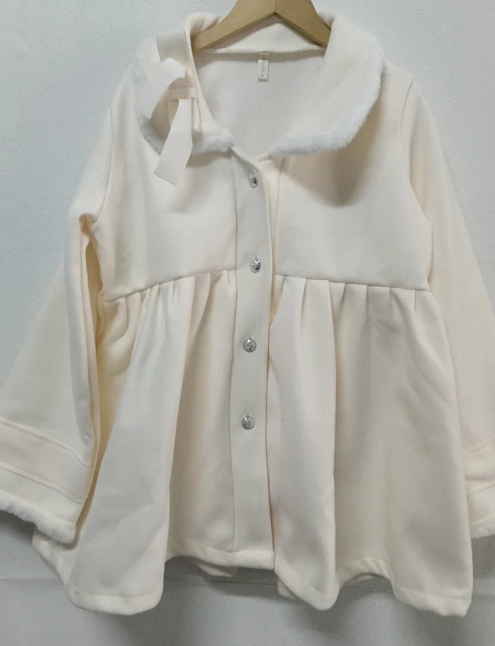 Japanese Wool Coat Women Fall Winter Clothes Fashion White Tunic Outwear 2025 Ropa Mujer Bandage Bow Thicked Jackets Tops Female