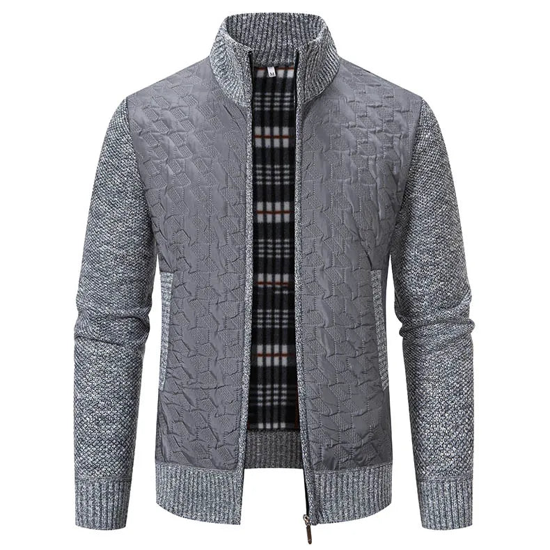 Mens Windproof Jacket Full Zip Fleeced Sweater Cardigan Contrast Stand Collar Sweaters Coat Autumn Winter Velvet Clothes