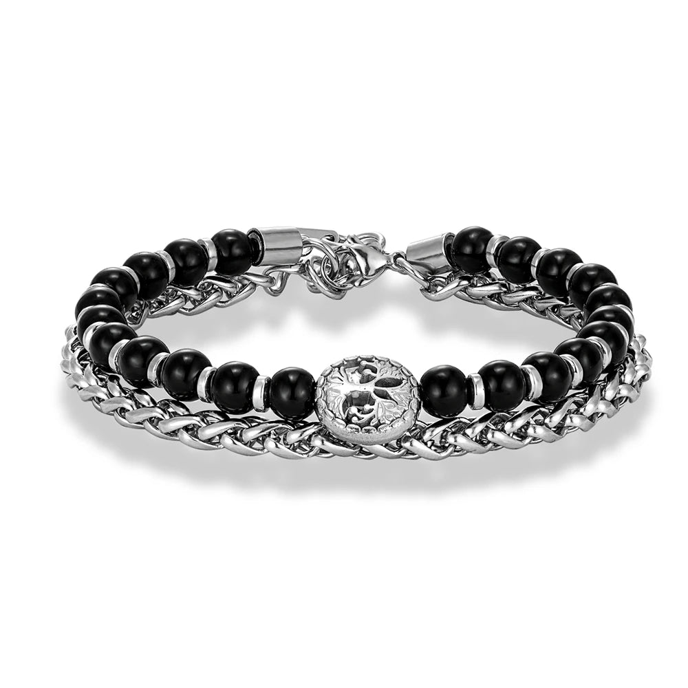 6mmTiger Eye Bead Norse Bear Head Viking Skull Cross Bracelet Men Stainless Steel Eye of Horus/Tree of Life Bangle Charm Jewelry