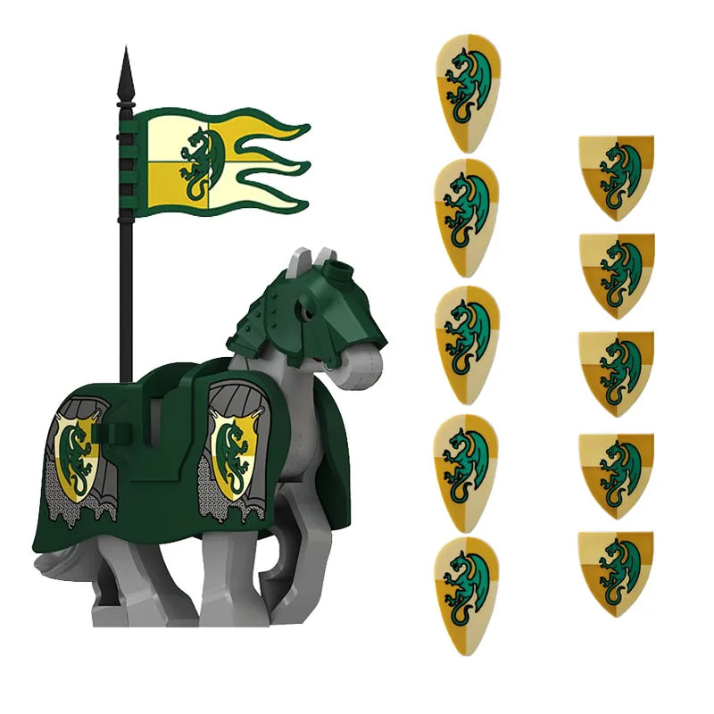 Medieval Military MOC Castle Knight Accessory Building Blocks Warhorse Cape Plush Coat Vest Shield Flag Kit Mini Toy Bricks Gift